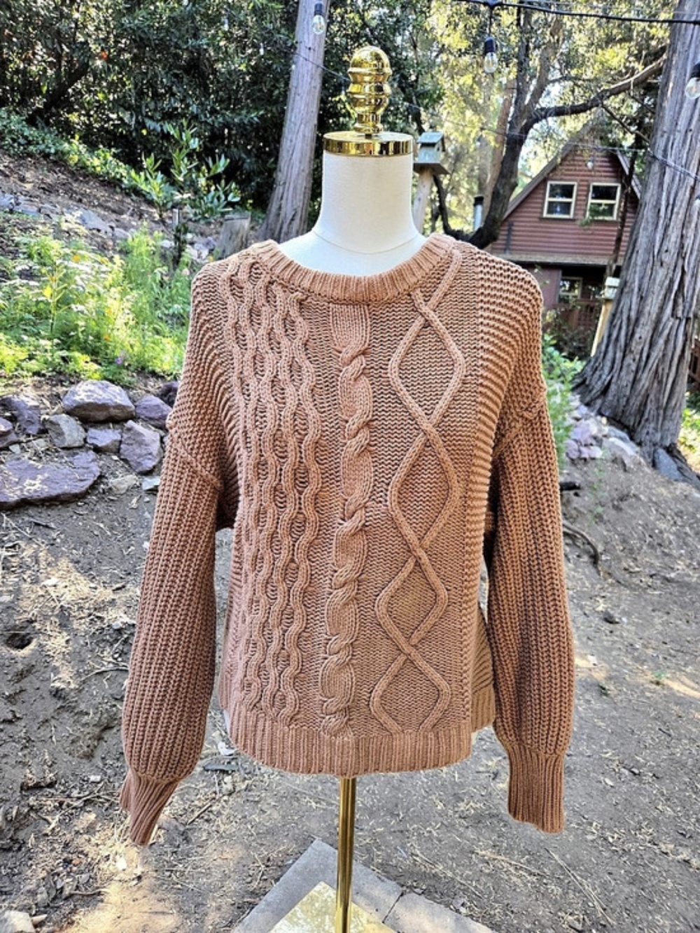 Free People Burnt Orange Cable Knit Crewneck Sweater